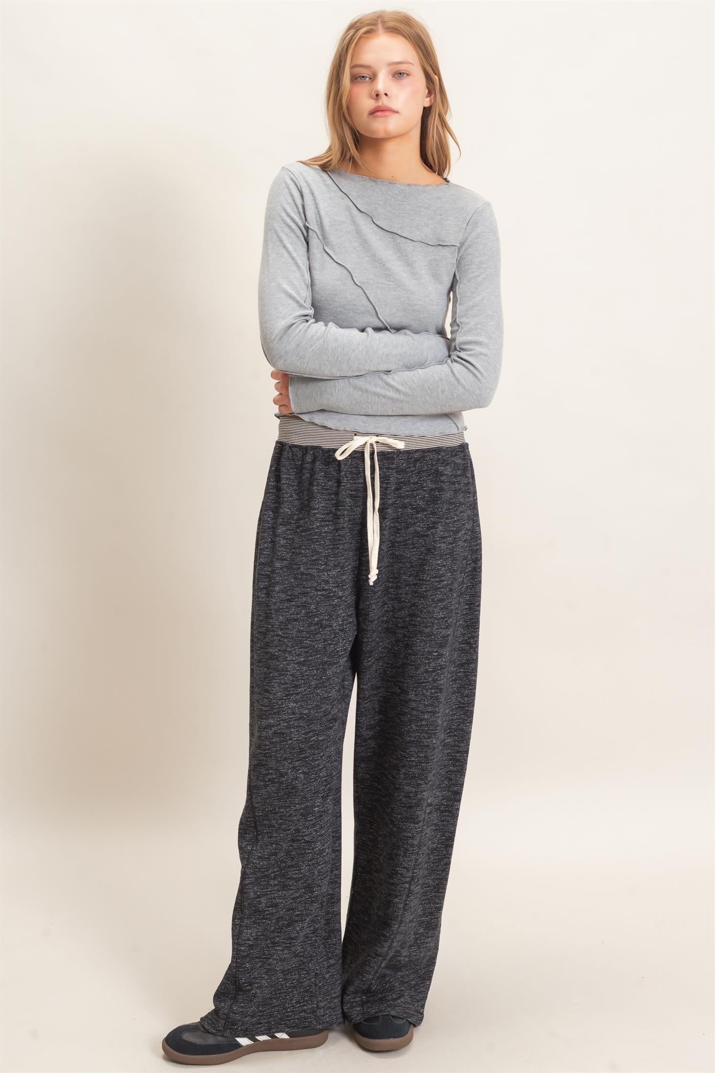Black Contrast Waist Drawstring Pants
