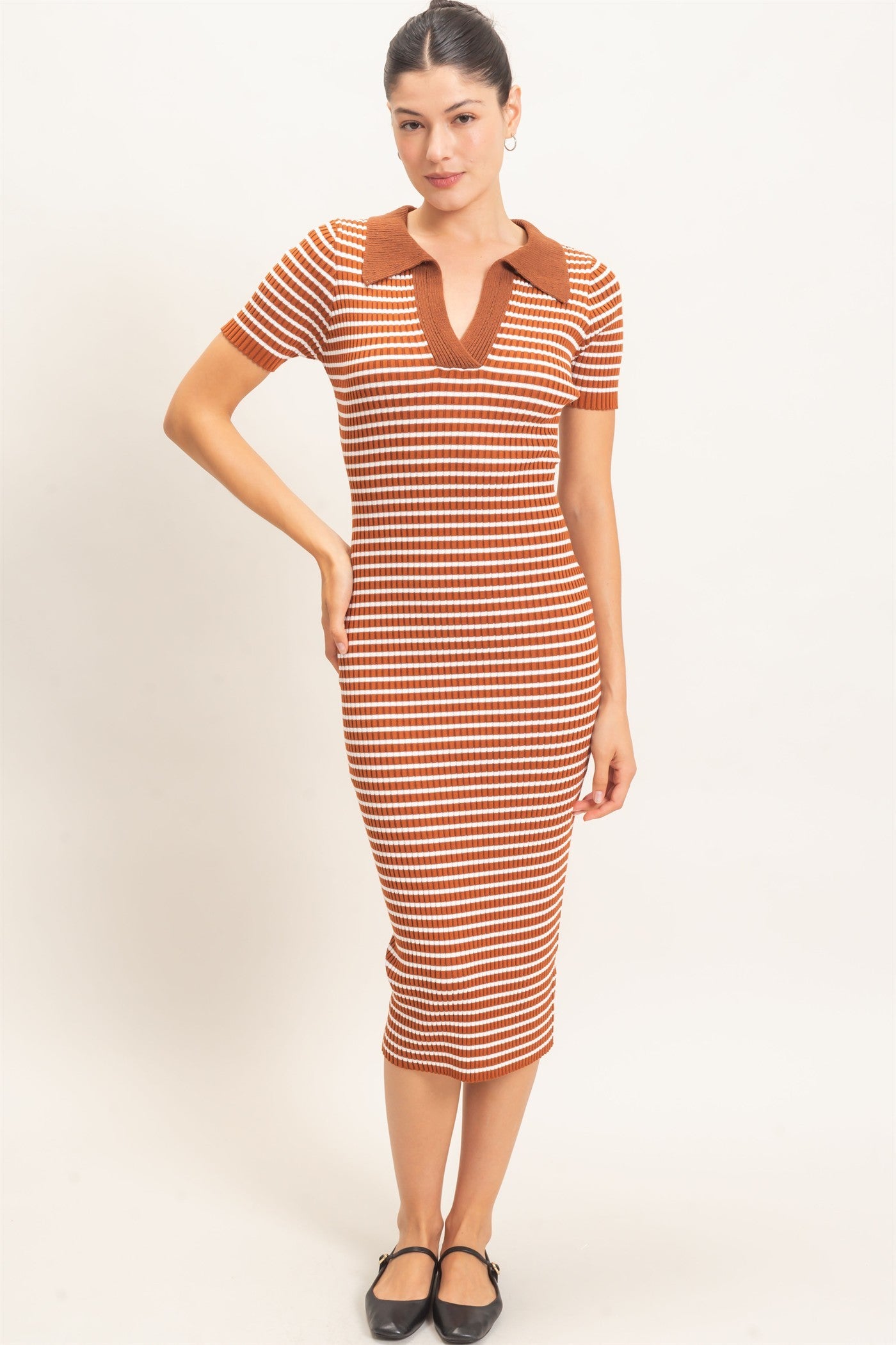 Brown Ribbed Striped Collared Midi Dress