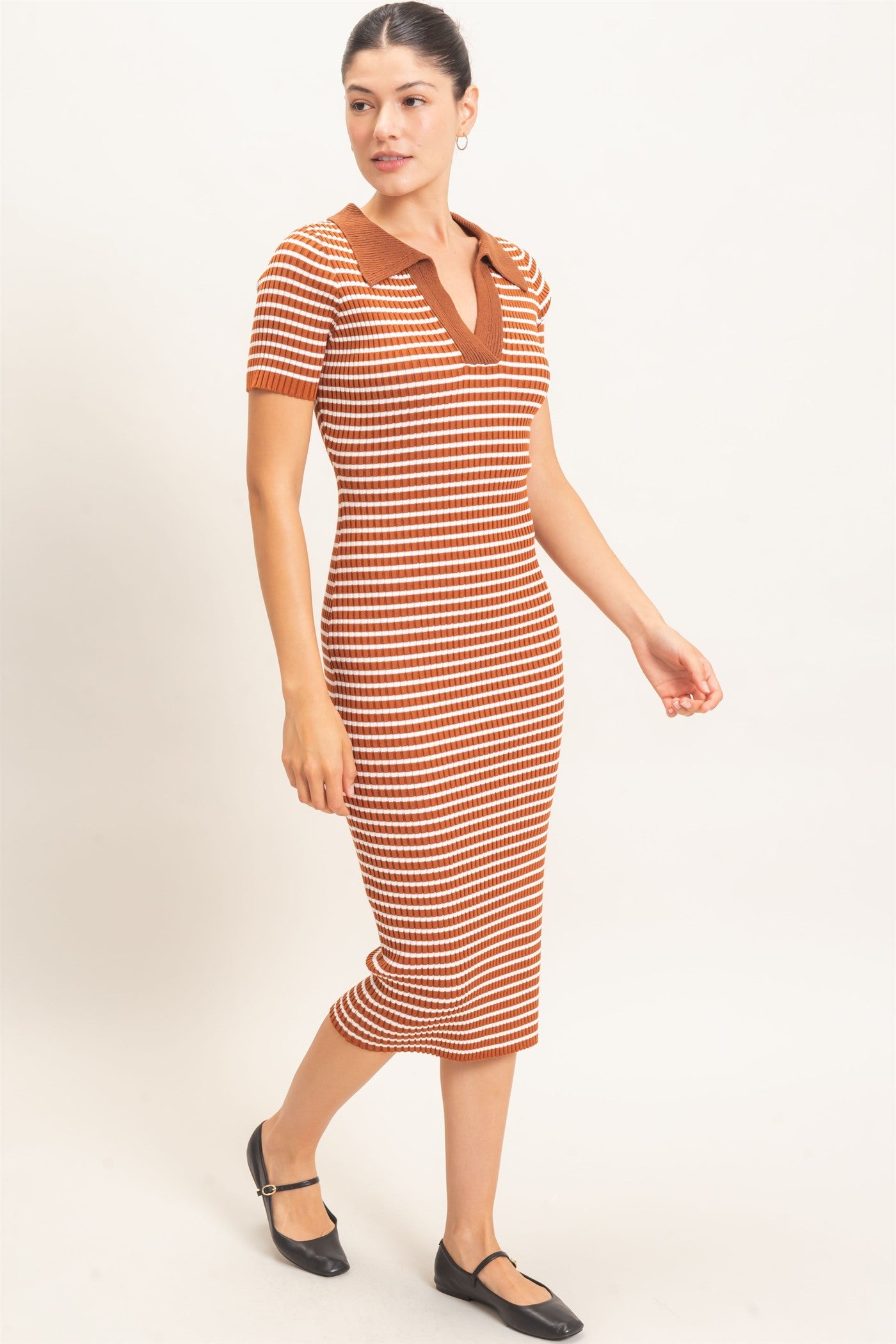 Brown Ribbed Striped Collared Midi Dress