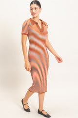 Brown Ribbed Striped Collared Midi Dress
