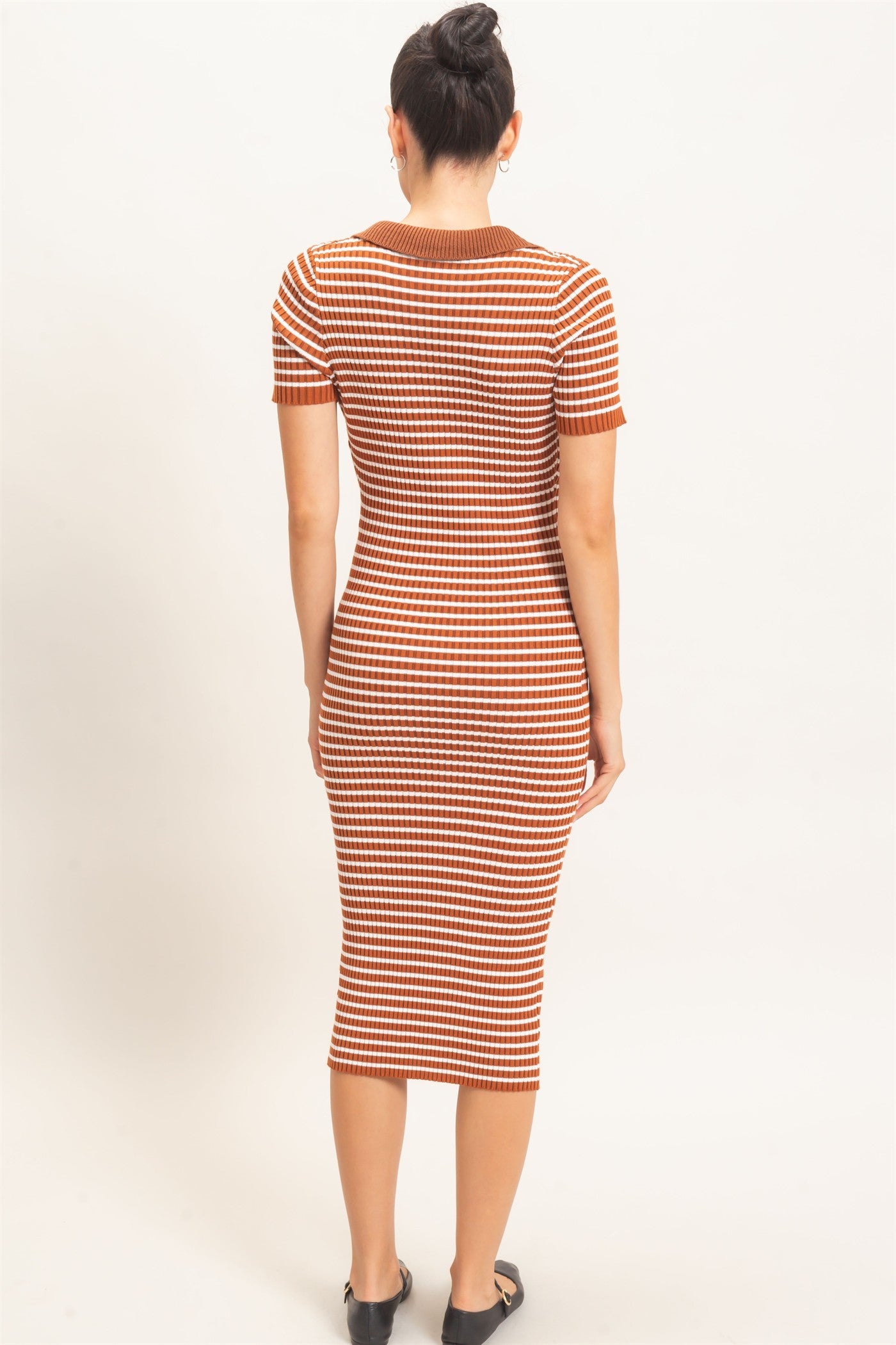 Brown Ribbed Striped Collared Midi Dress