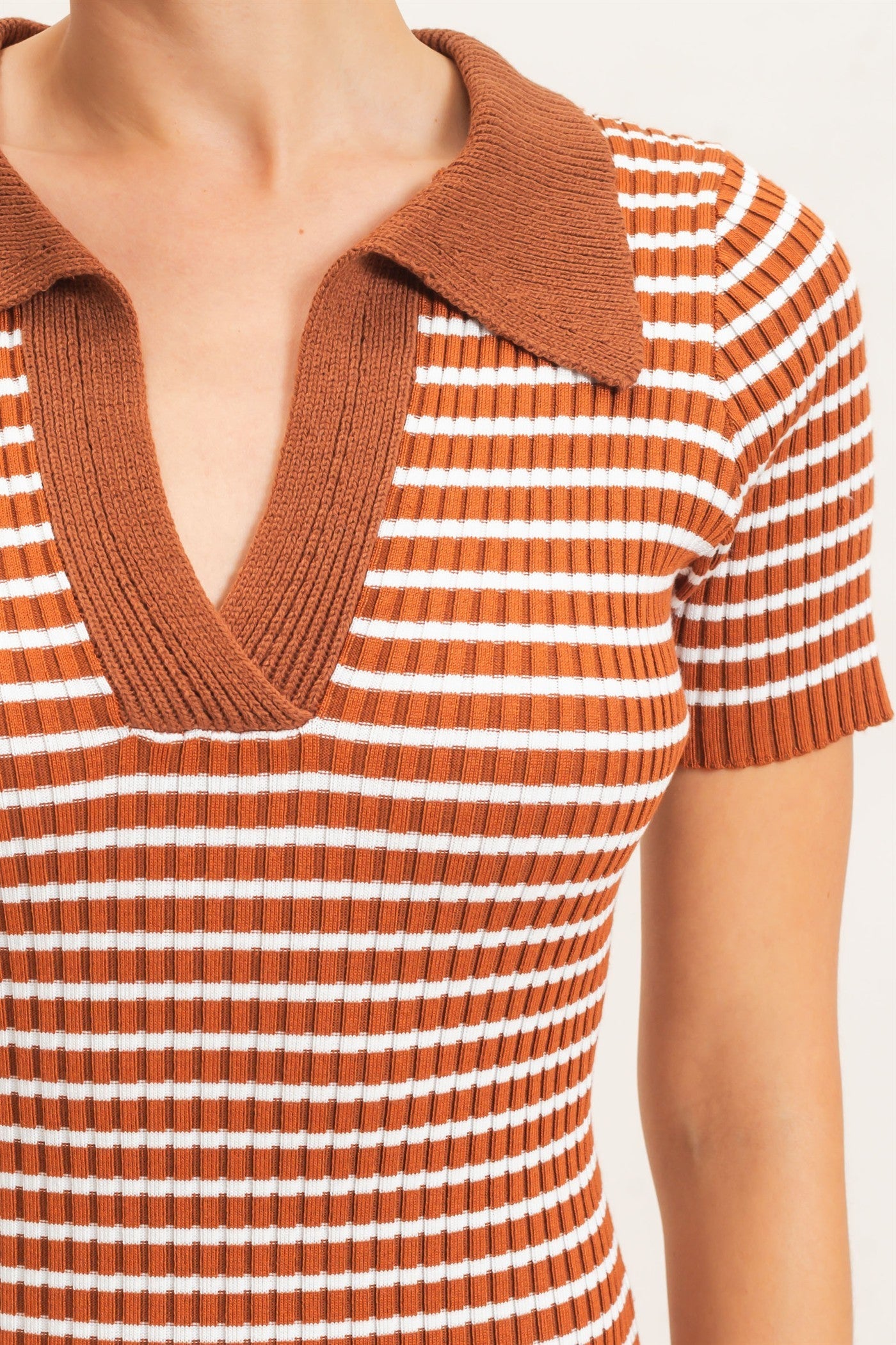 Brown Ribbed Striped Collared Midi Dress