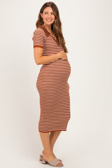 Brown Ribbed Striped Collared Maternity Midi Dress