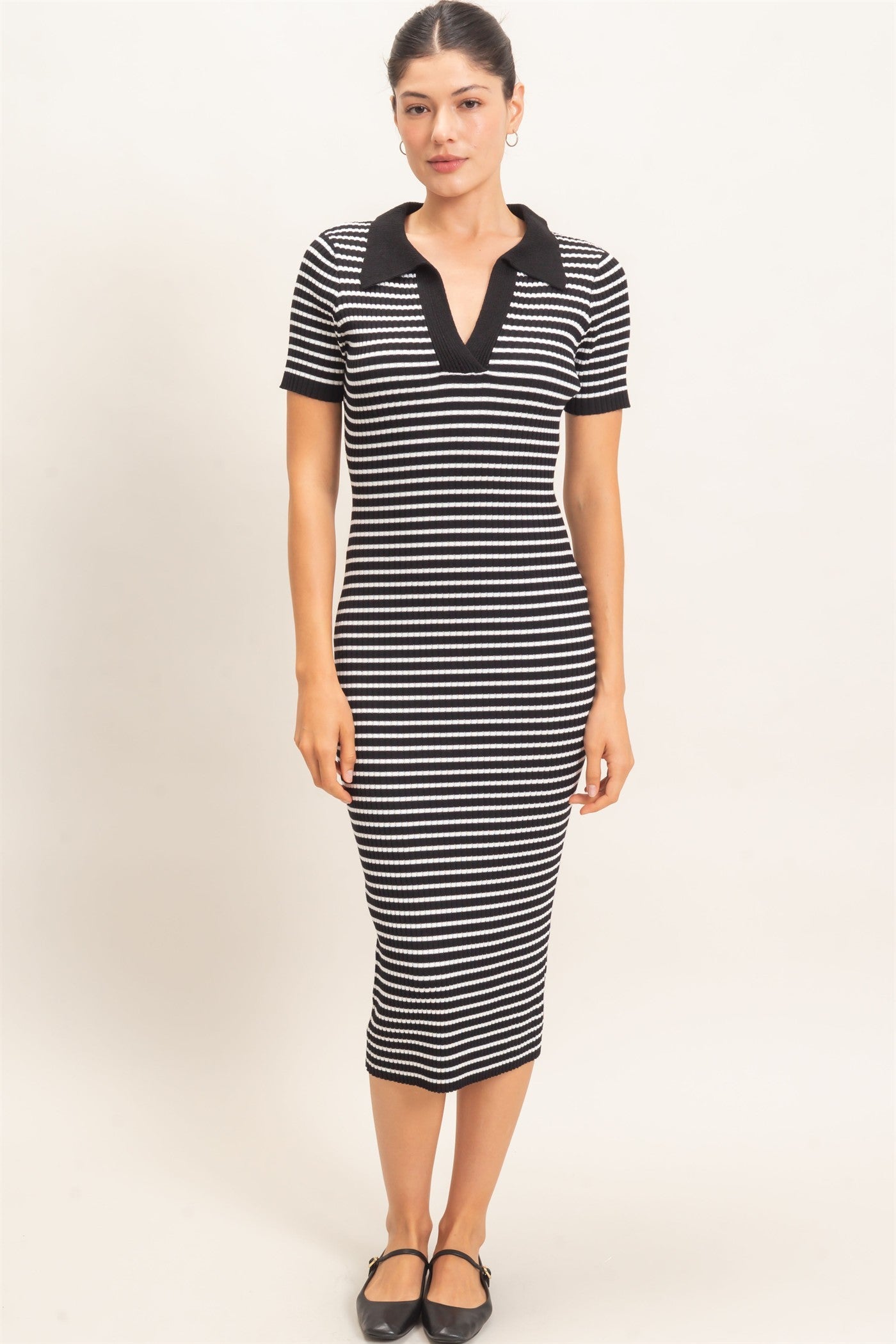 Black Ribbed Striped Collared Midi Dress