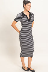 Black Ribbed Striped Collared Midi Dress
