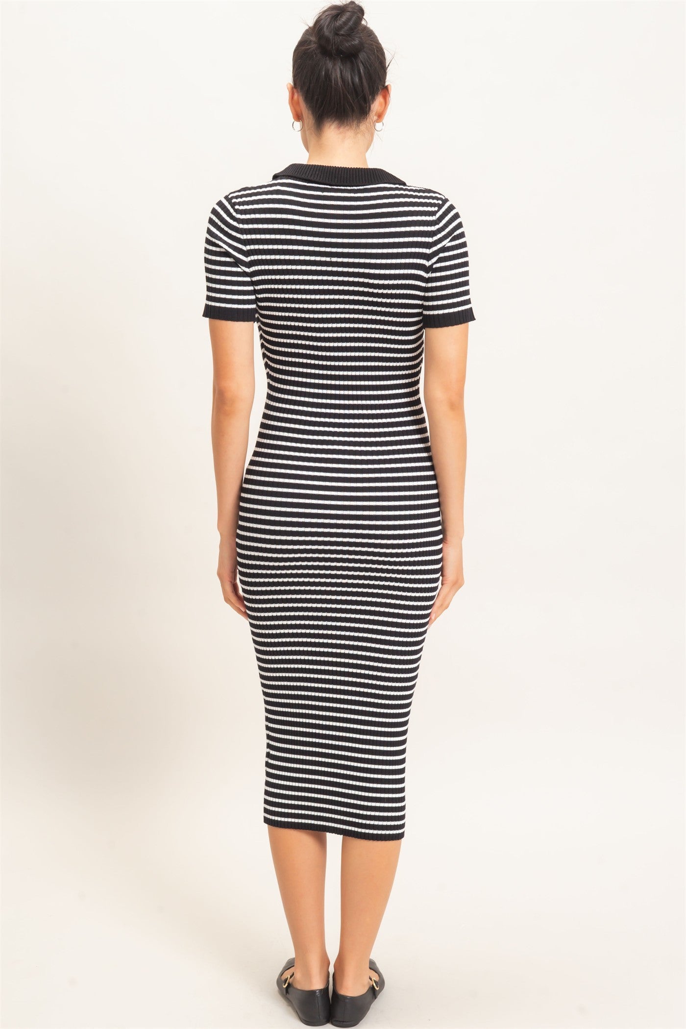 Black Ribbed Striped Collared Midi Dress