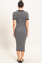 Black Ribbed Striped Collared Midi Dress
