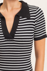 Black Ribbed Striped Collared Midi Dress