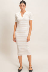Cream Ribbed Striped Collared Midi Dress