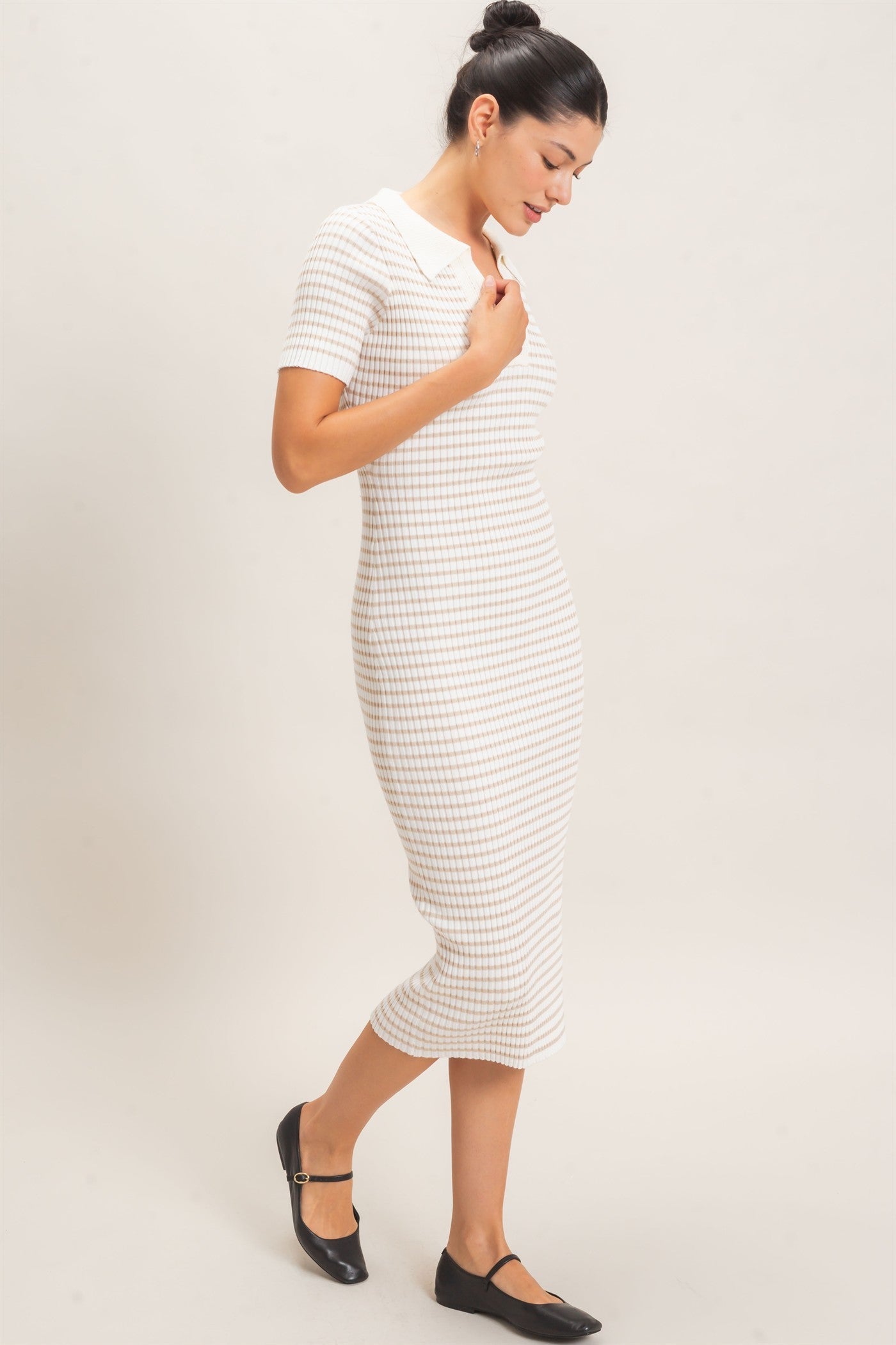 Cream Ribbed Striped Collared Midi Dress