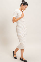 Cream Ribbed Striped Collared Midi Dress