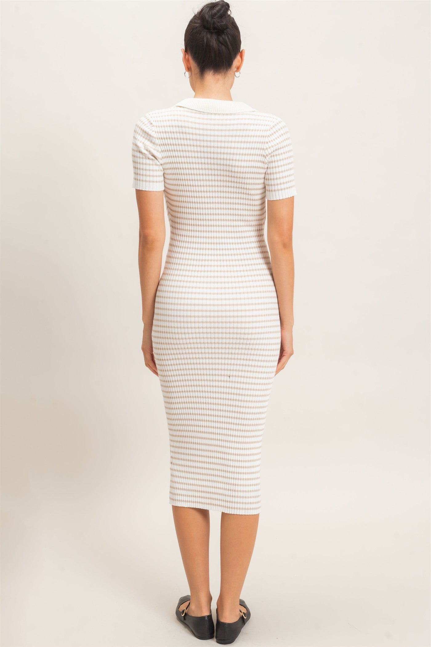 Cream Ribbed Striped Collared Midi Dress