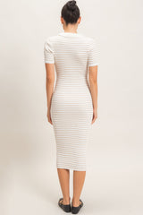 Cream Ribbed Striped Collared Midi Dress