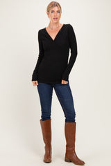 Black Fitted Long Sleeve Wrap V-Neck Top