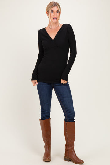 Black Fitted Long Sleeve Wrap V-Neck Top