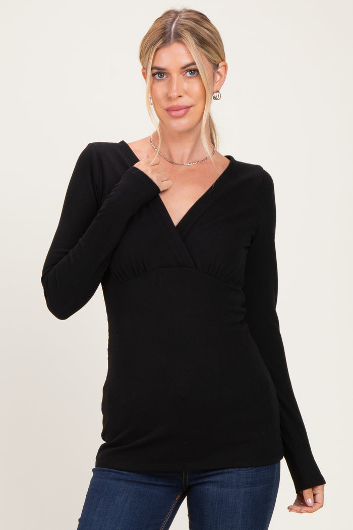 Black Fitted Long Sleeve Wrap V-Neck Maternity Top