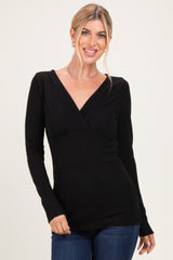 Black Fitted Long Sleeve Wrap V-Neck Top
