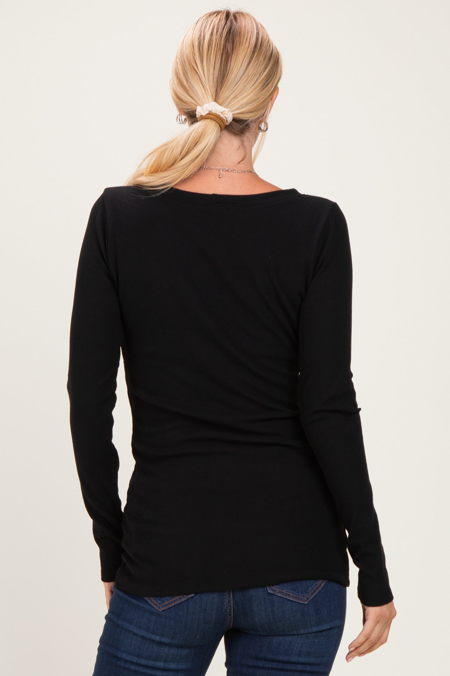 Black Fitted Long Sleeve Wrap V-Neck Top