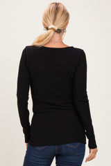 Black Fitted Long Sleeve Wrap V-Neck Top
