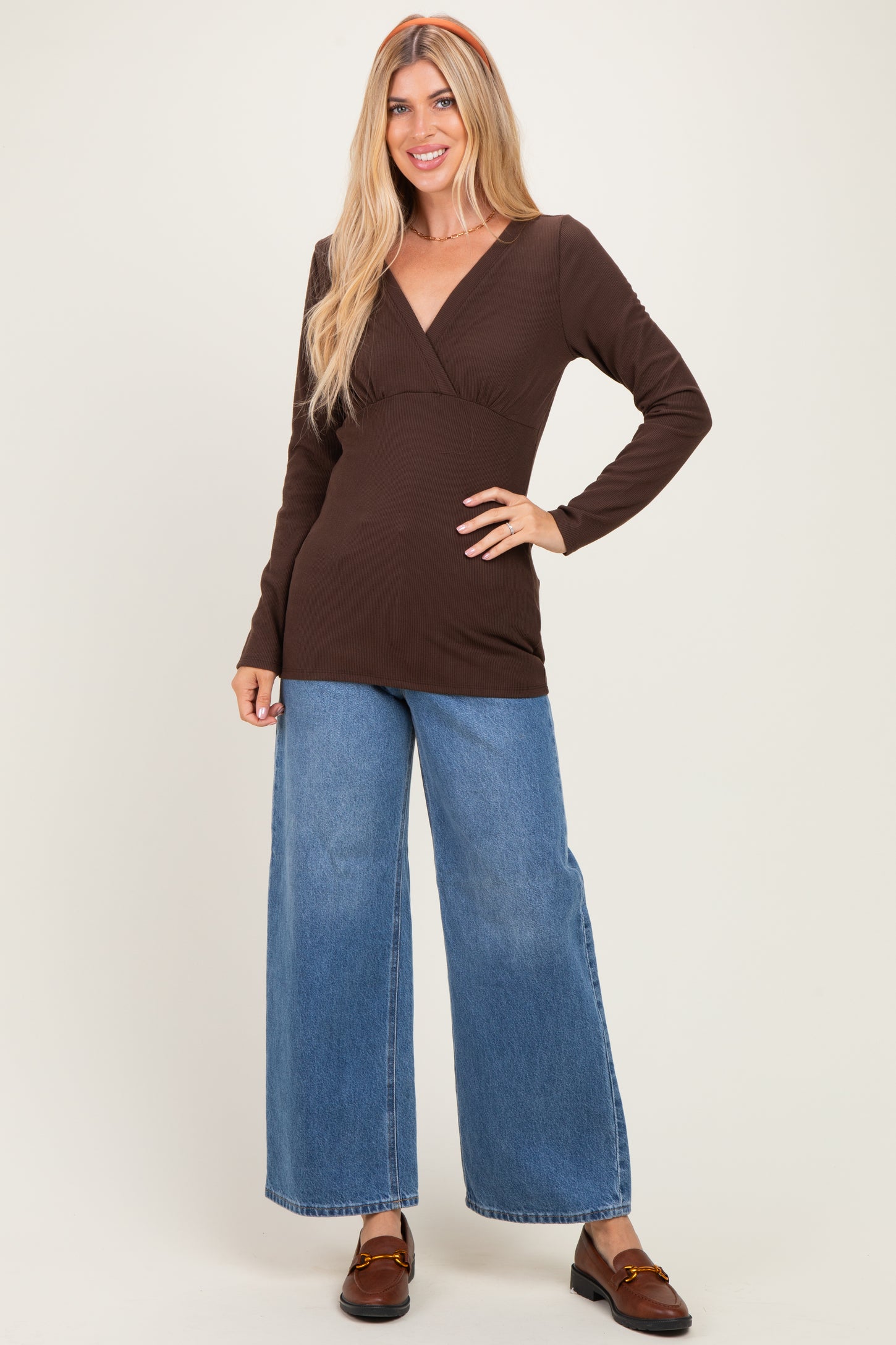 Brown Fitted Long Sleeve Wrap V-Neck Top