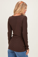 Brown Fitted Long Sleeve Wrap V-Neck Top