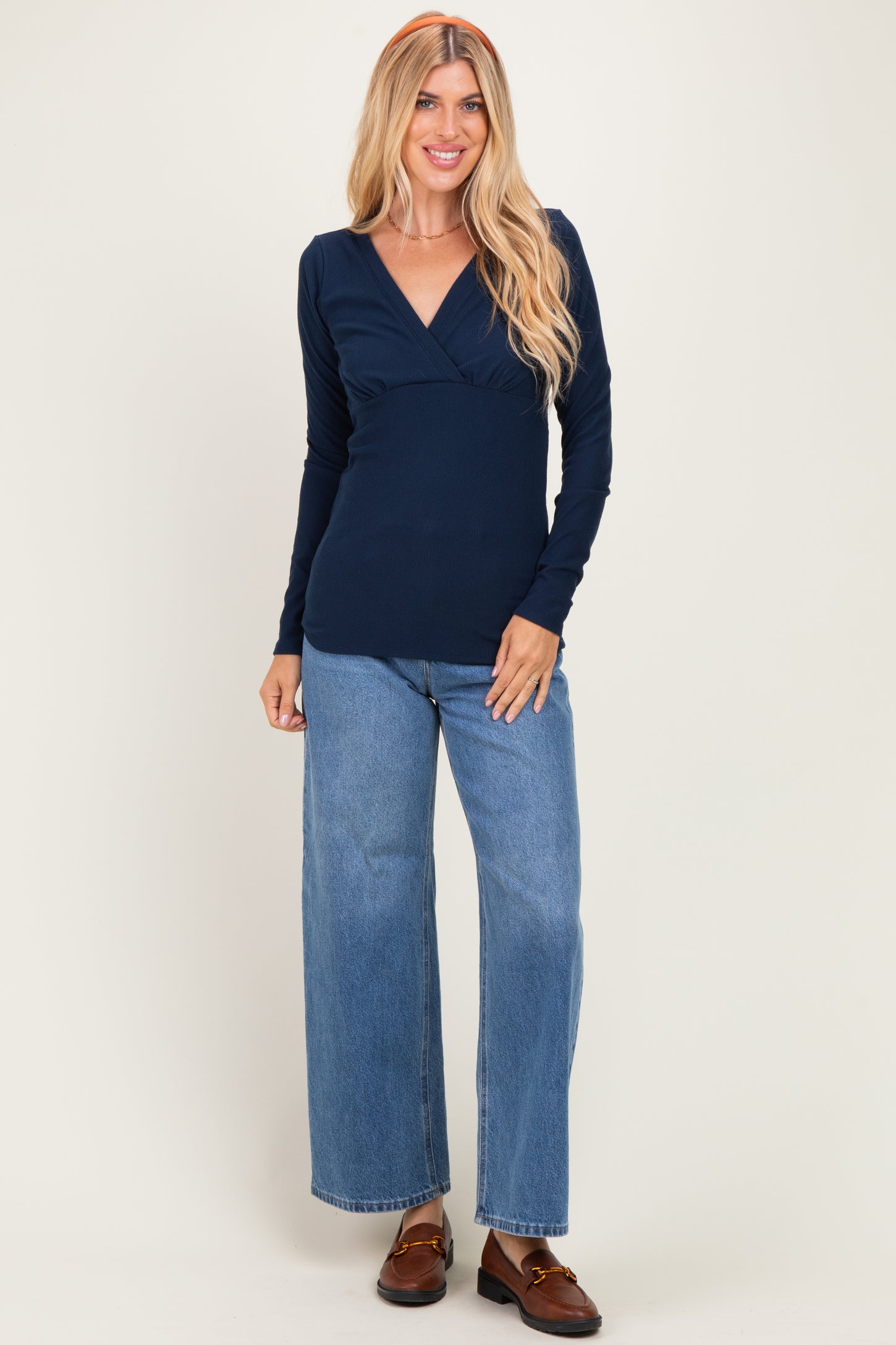 Navy Fitted Long Sleeve Wrap V-Neck Top
