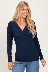 Navy Fitted Long Sleeve Wrap V-Neck Top