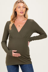 Olive Fitted Long Sleeve Wrap V-Neck Maternity Top