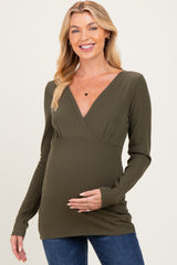 Olive Fitted Long Sleeve Wrap V-Neck Maternity Top