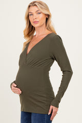 Olive Fitted Long Sleeve Wrap V-Neck Maternity Top