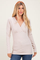 Beige Fitted Long Sleeve Wrap V-Neck Top
