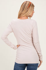 Beige Fitted Long Sleeve Wrap V-Neck Top