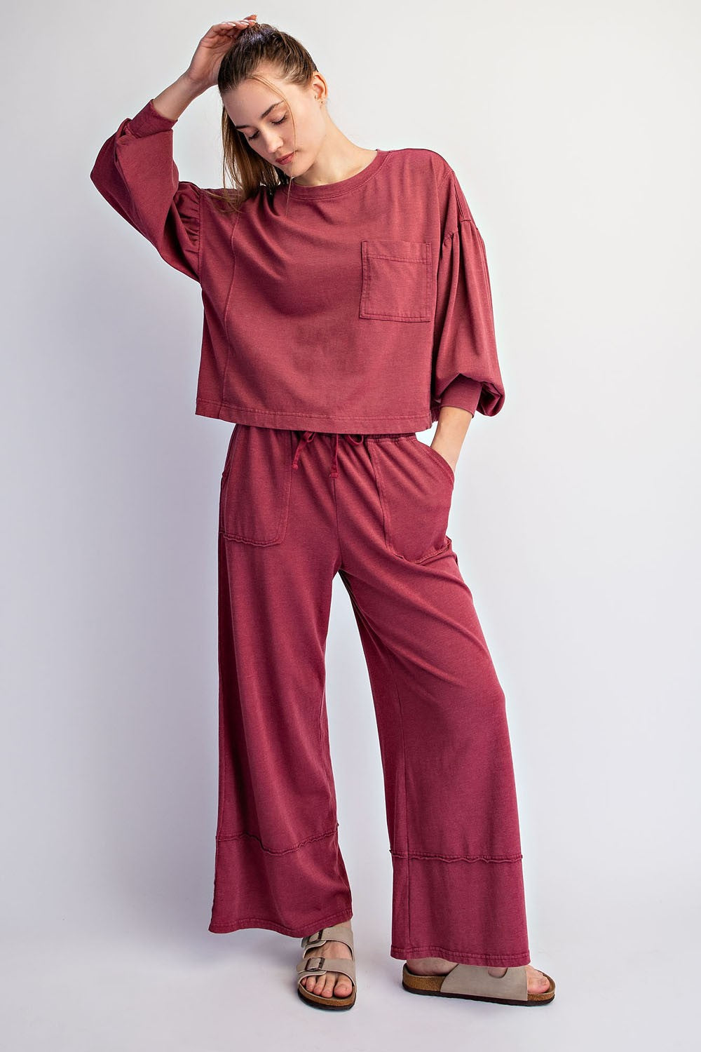 Crimson Mineral Wash Wide Leg Ankle Pants