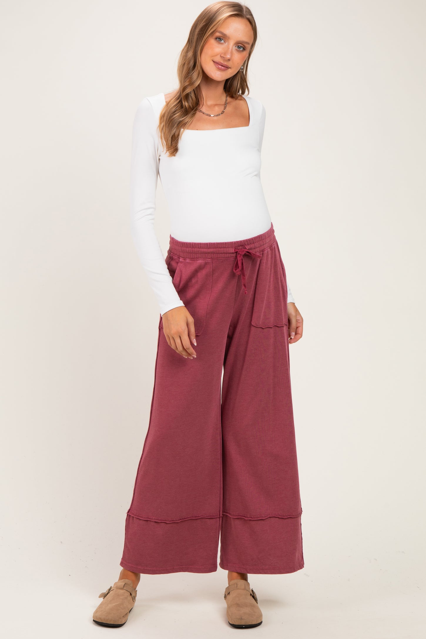 Crimson Mineral Wash Wide Leg Ankle Maternity Pants
