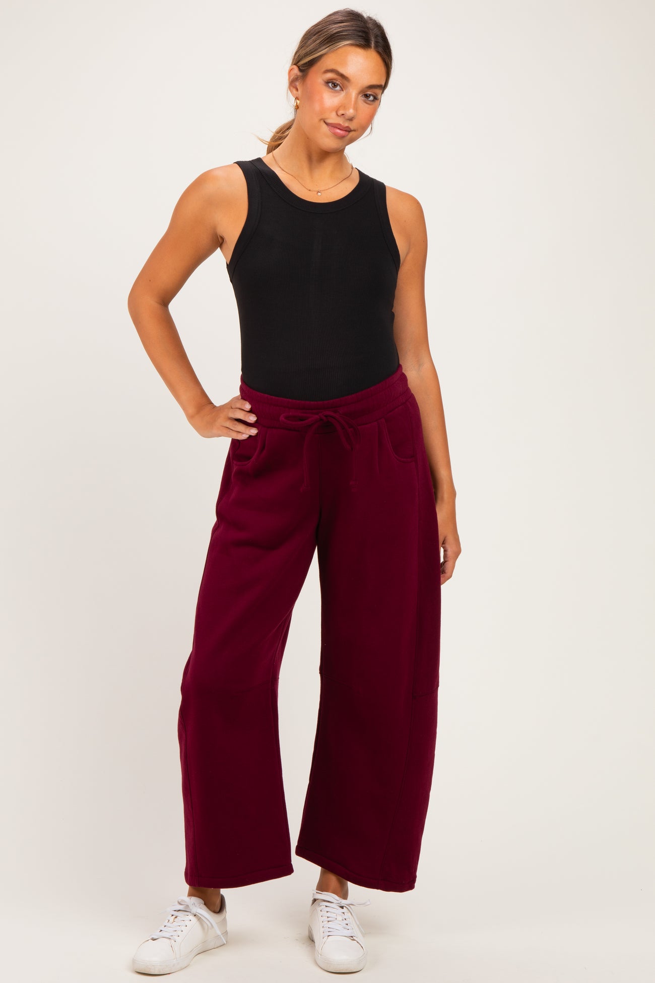 Dark Burgundy Fleece Barrel Leg Maternity Sweatpants