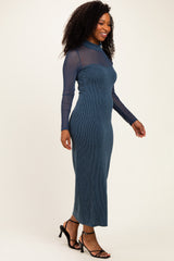 Hunter Green Ribbed Knit Mock Neck Long Sleeve Maxi Dress