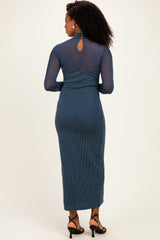 Hunter Green Ribbed Knit Mock Neck Long Sleeve Maxi Dress