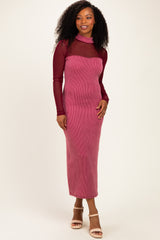Dark Mauve Ribbed Knit Mock Neck Long Sleeve Maxi Dress