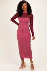 Dark Mauve Ribbed Knit Mock Neck Long Sleeve Maxi Dress