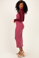 Dark Mauve Ribbed Knit Mock Neck Long Sleeve Maxi Dress