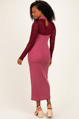 Dark Mauve Ribbed Knit Mock Neck Long Sleeve Maxi Dress