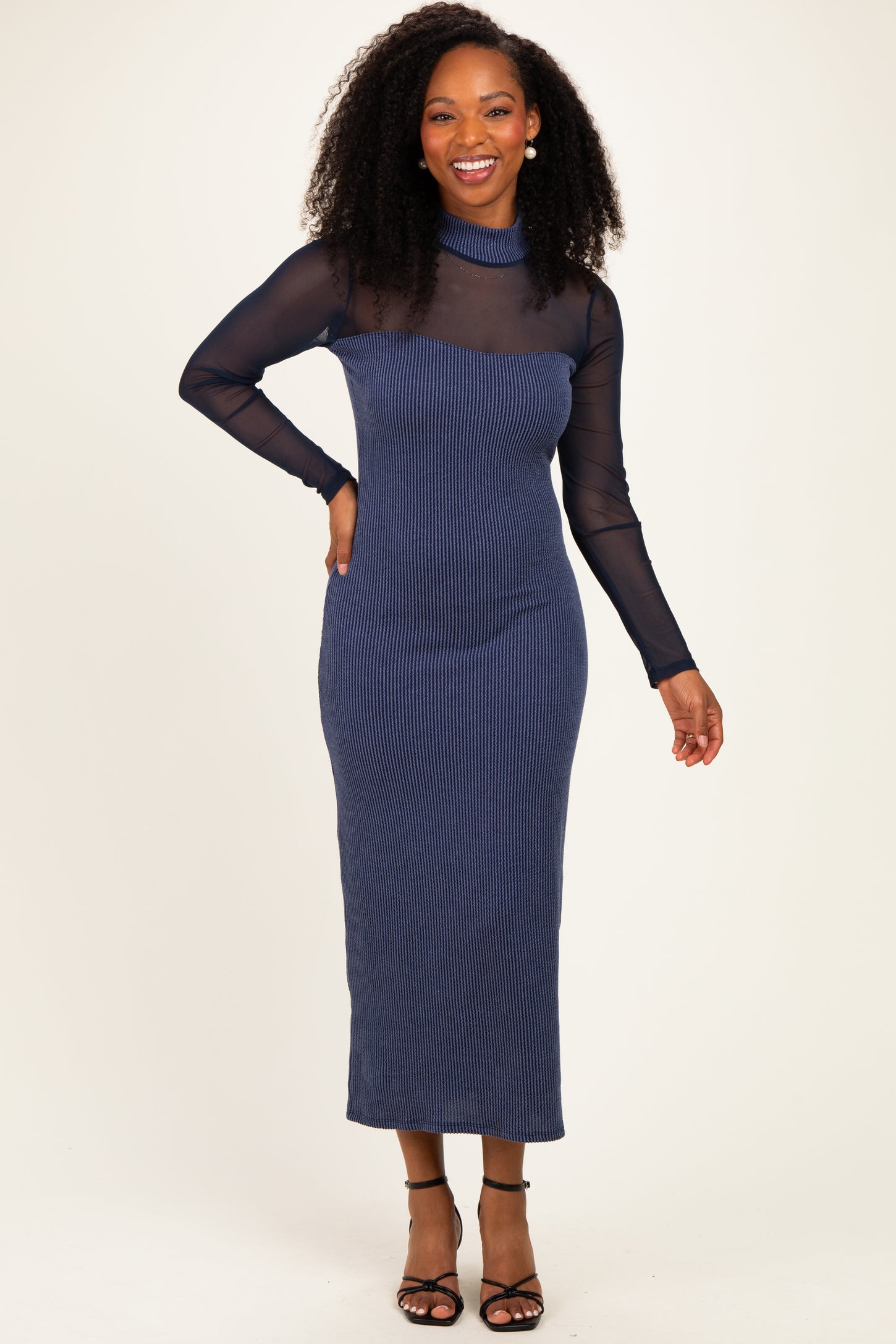 Navy Ribbed Knit Mock Neck Long Sleeve Maxi Dress
