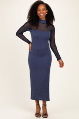 Navy Ribbed Knit Mock Neck Long Sleeve Maxi Dress