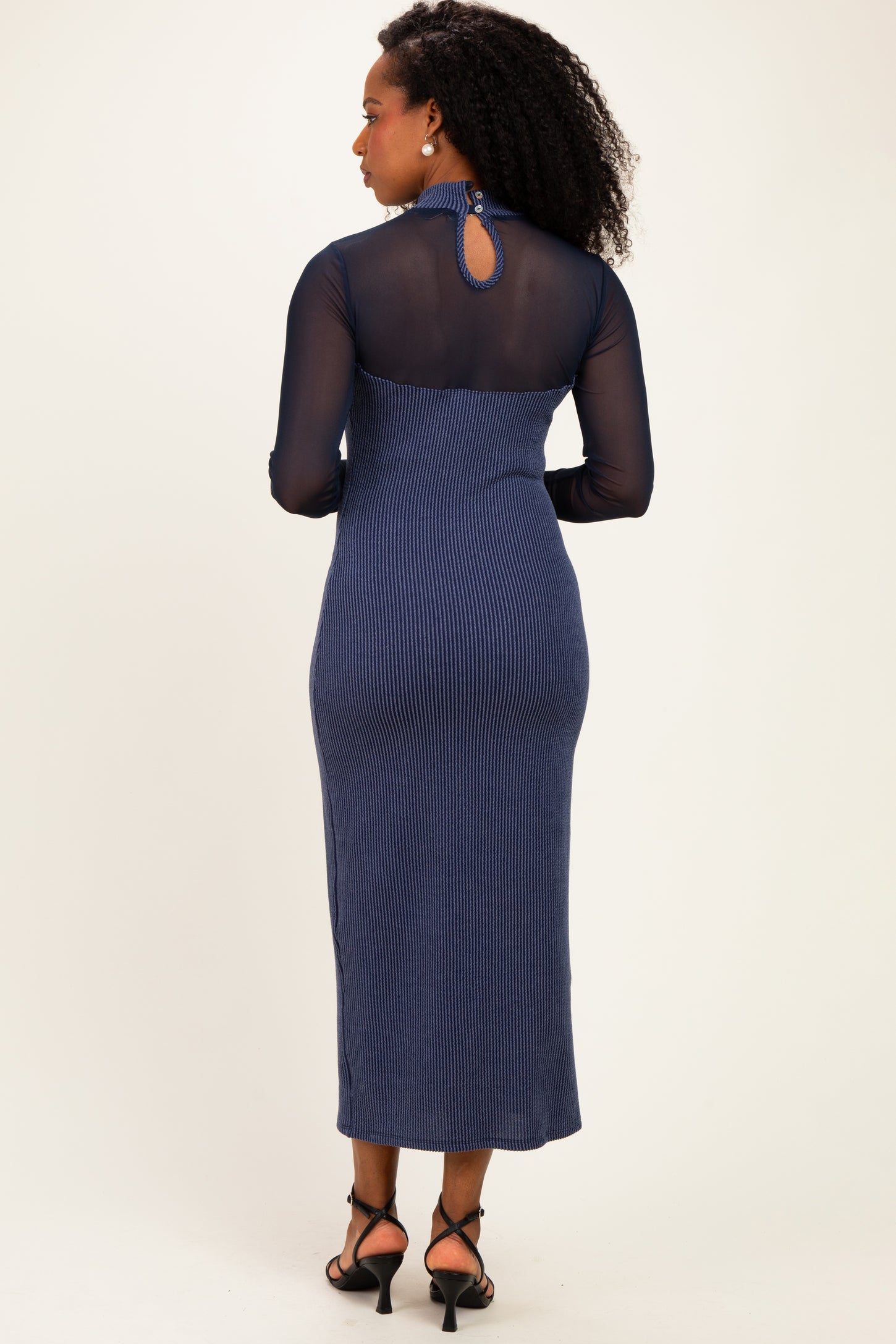 Navy Ribbed Knit Mock Neck Long Sleeve Maxi Dress