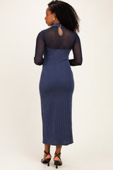 Navy Ribbed Knit Mock Neck Long Sleeve Maxi Dress