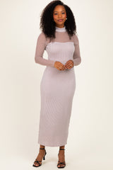 Beige Ribbed Knit Mock Neck Long Sleeve Maxi Dress