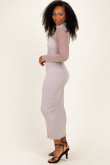 Beige Ribbed Knit Mock Neck Long Sleeve Maxi Dress