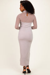 Beige Ribbed Knit Mock Neck Long Sleeve Maxi Dress