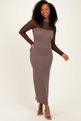 Brown Ribbed Knit Mock Neck Long Sleeve Maxi Dress