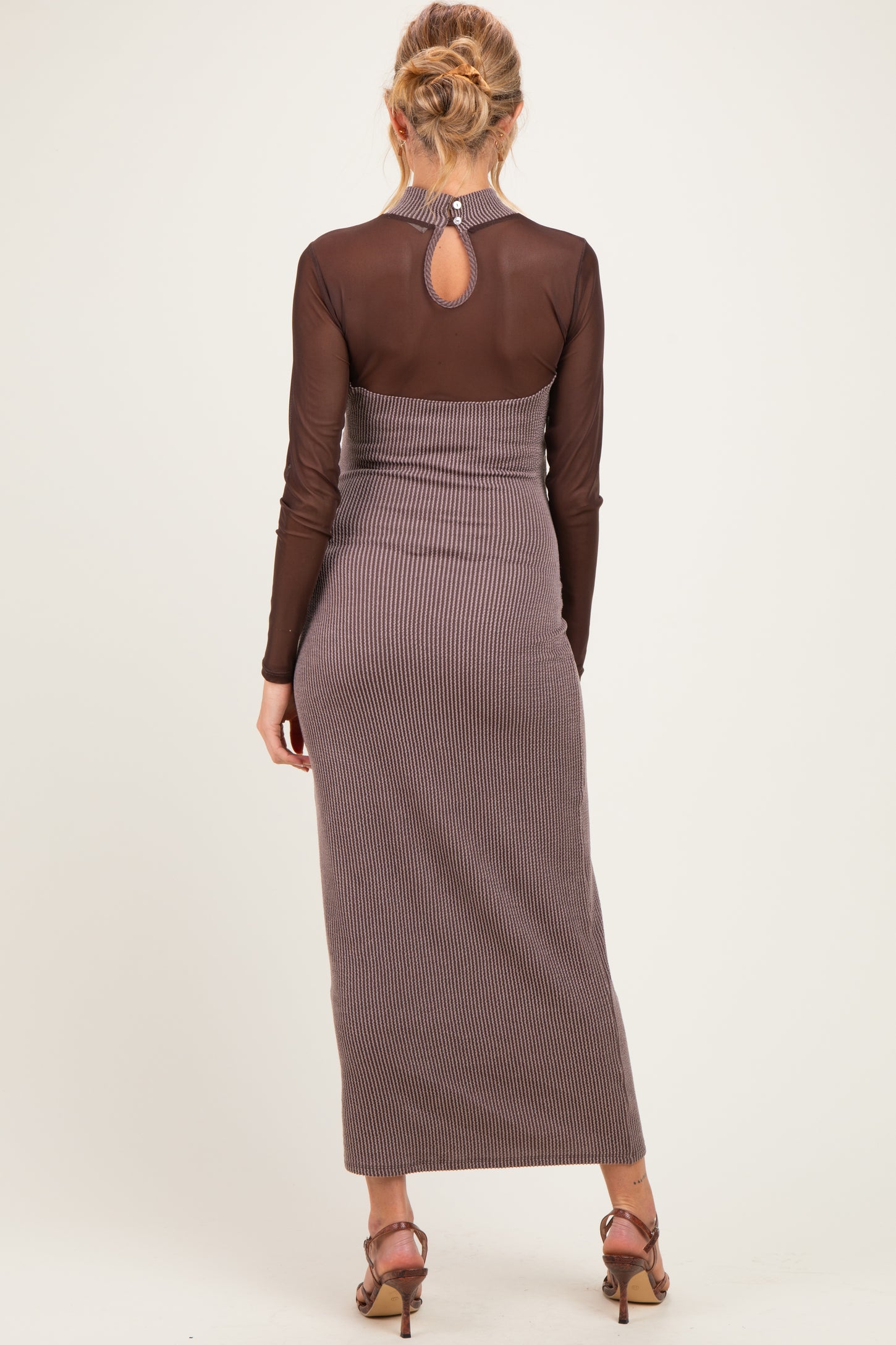 Brown Ribbed Knit Mock Neck Long Sleeve Maternity Maxi Dress